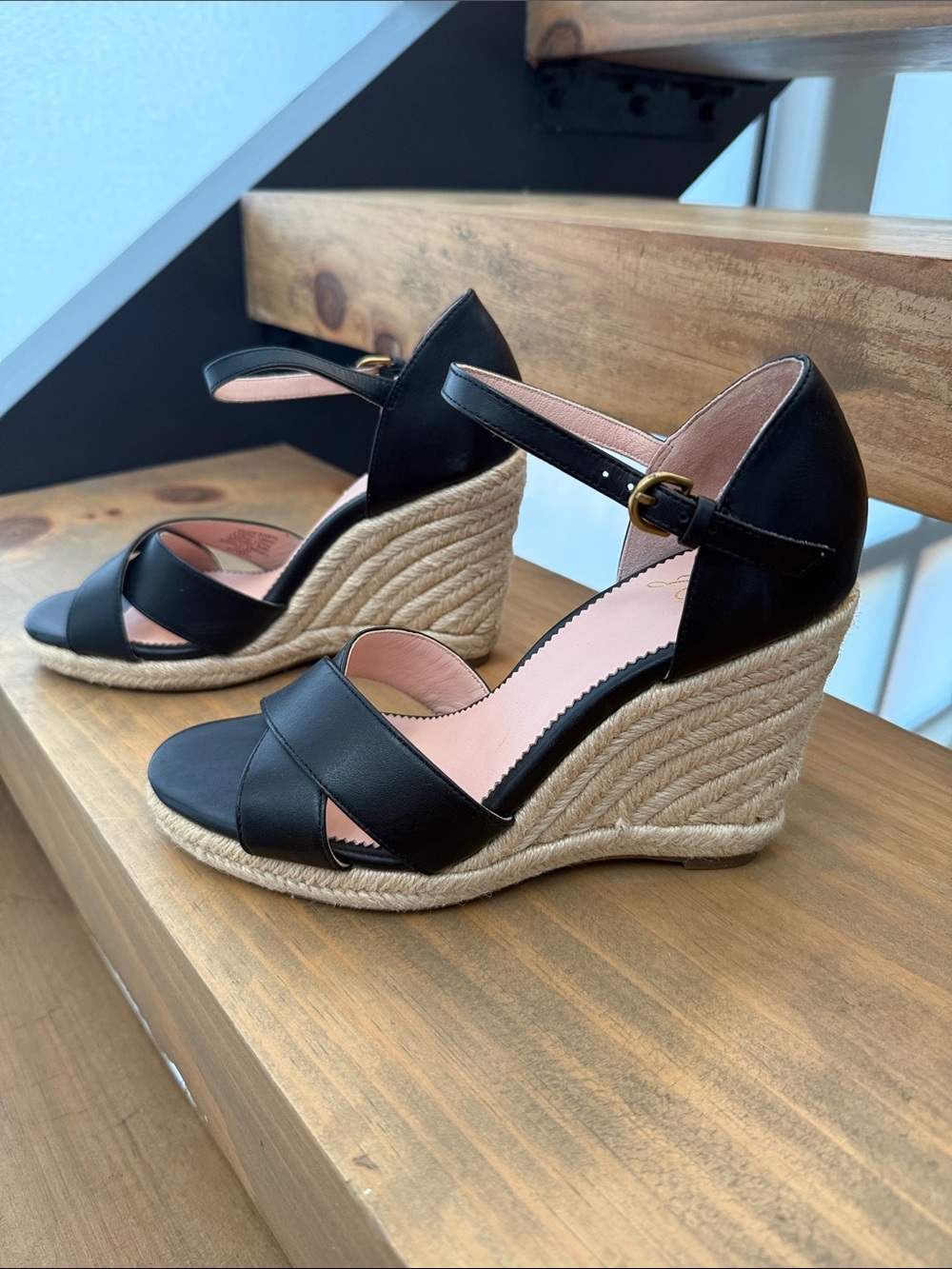 J. Crew Black Leather Espadrille Wedge Sandals with Ankle Strap
